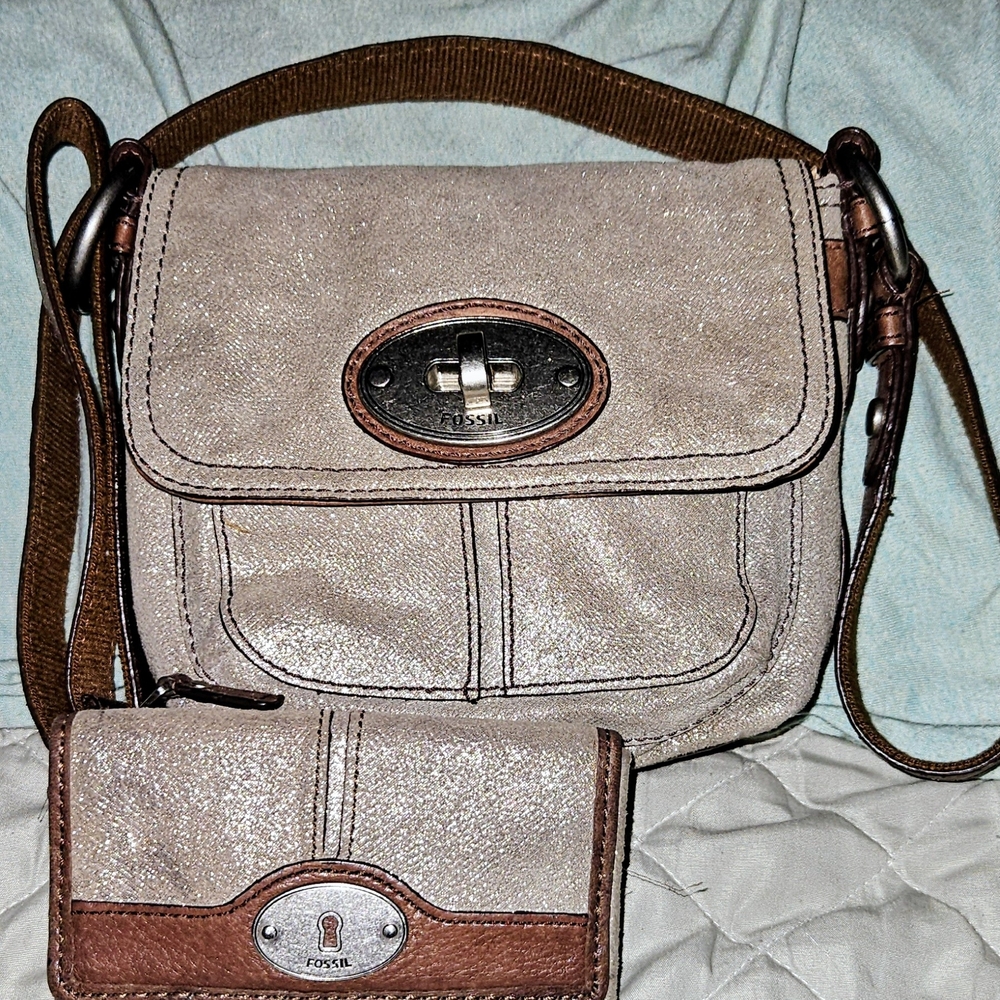 Fossil  Shimmering Leather Crossbody Bag W/Matching Wallet